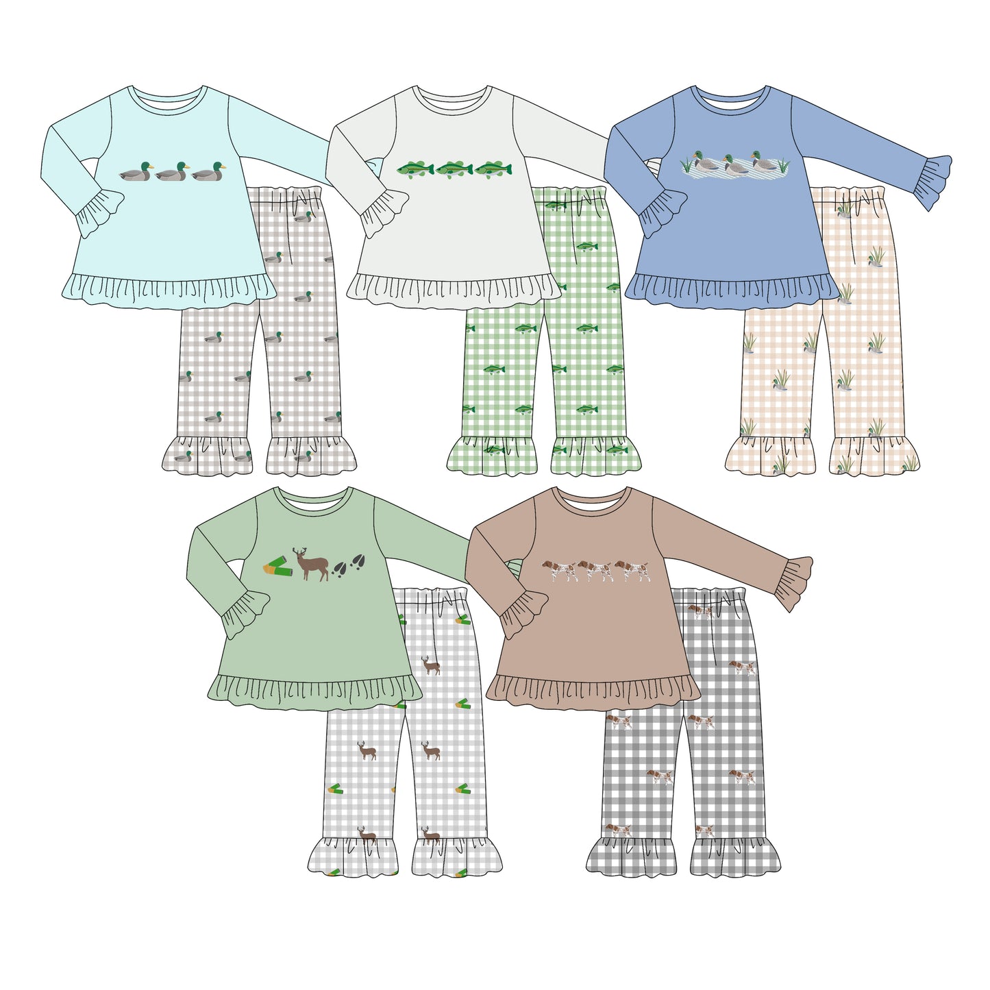 4.15  Custom moq 5 mix size Sibling Baby Girls  Duck Print Tunic Top Ruffle Checked Pants Set