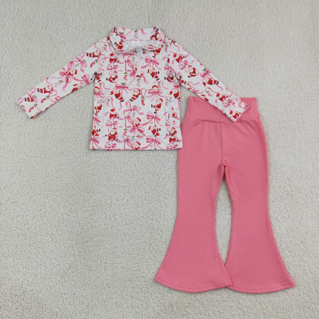 NEW RTS NO MOQ milk silk GLP3508 Baby Girls Bows Santa Zip Pockets Pullovers Flare Pant Christmas Set