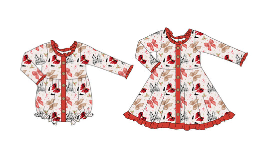 25.5.30 custom each style moq 5eta 4-6week Sibling Sisters Christmas bow baby girl long sleeve dress and rompers match family design
