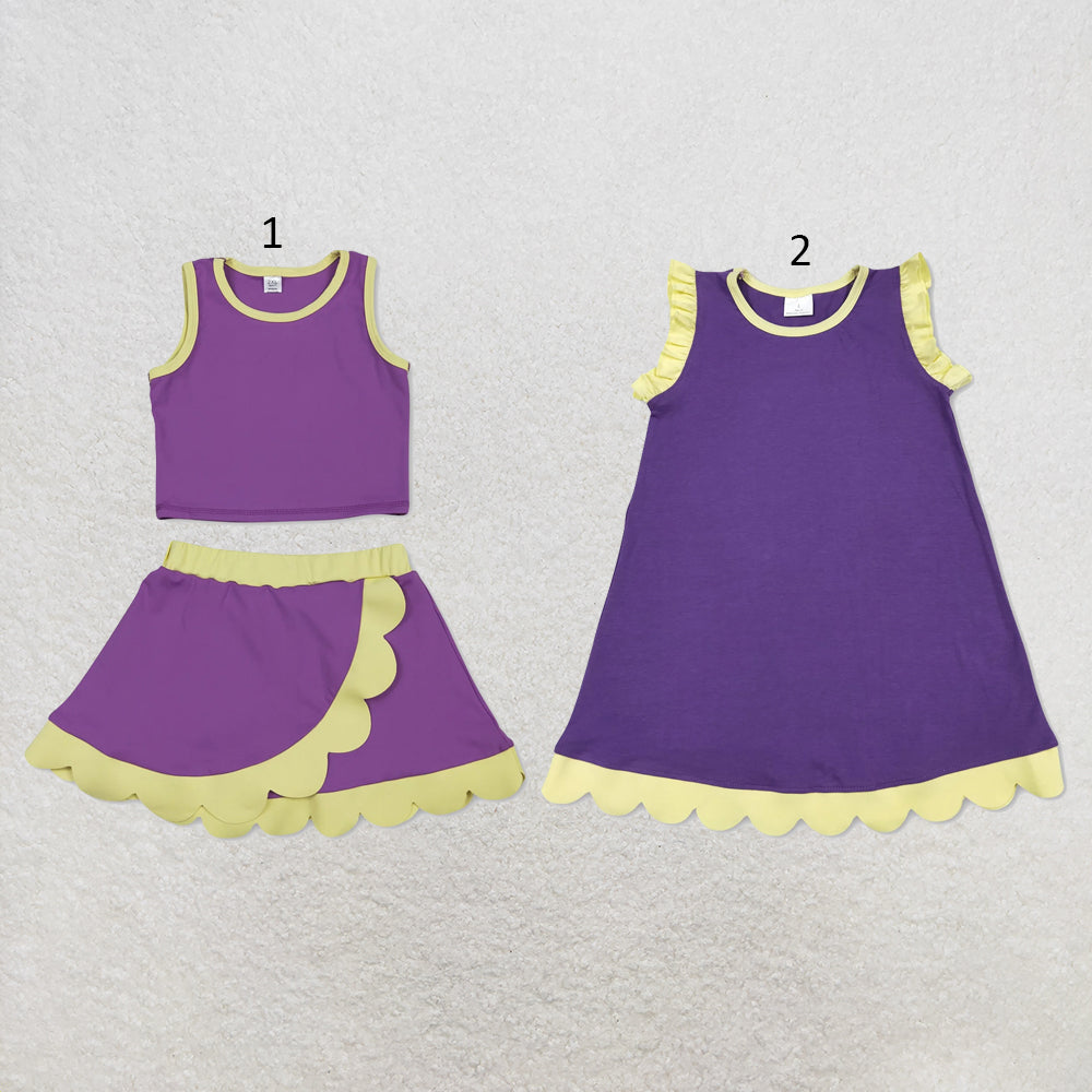 RTS NO MOQ Sibling cotton Baby Girls Purple Yellow Sleeveless Vest And Scallop Hem Short Skirt Yoga Set Scallop Knee Length Dresses