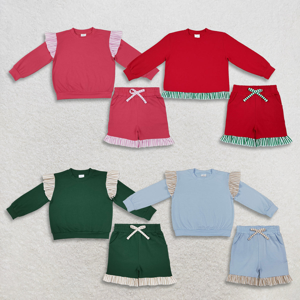 RTS NO MOQ Sibling milk silk Baby Girls Stripe Long Sleeve Top Pockets Ruffle Short Clothes Set