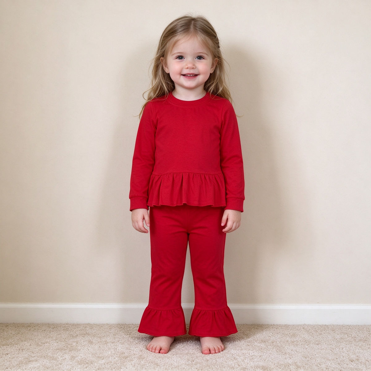 NEW RTS NO MOQ cotton GLP3749 Baby Girls Red Long Sleeve Tunic Shirt Ruffle Pant Clothes Set Cute Casual Outfit