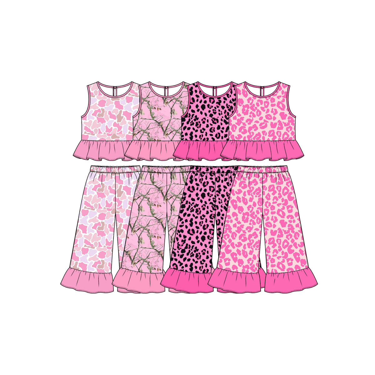 (Preorder new) No moq Baby Girls Pink Camo Leopard Print Ruffle Sleeveless Wide Leg Pant Set