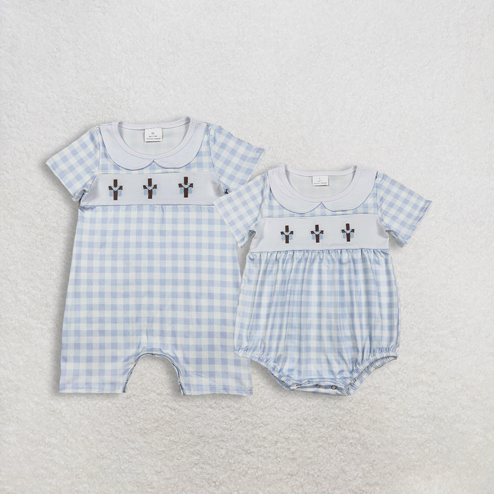 RTS NO MOQ Sibling Blue Checked Easter Collar Rompers for Baby with Embroidery Crosses