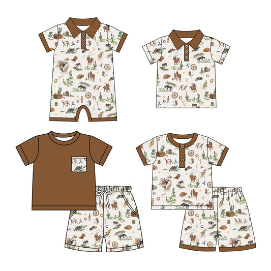 25.12.29 custom each style moq 5 eta 6-8 week Sibling Sister riding horse baby boy short sleeve shorts sets 2 and boy rompers and top match family design