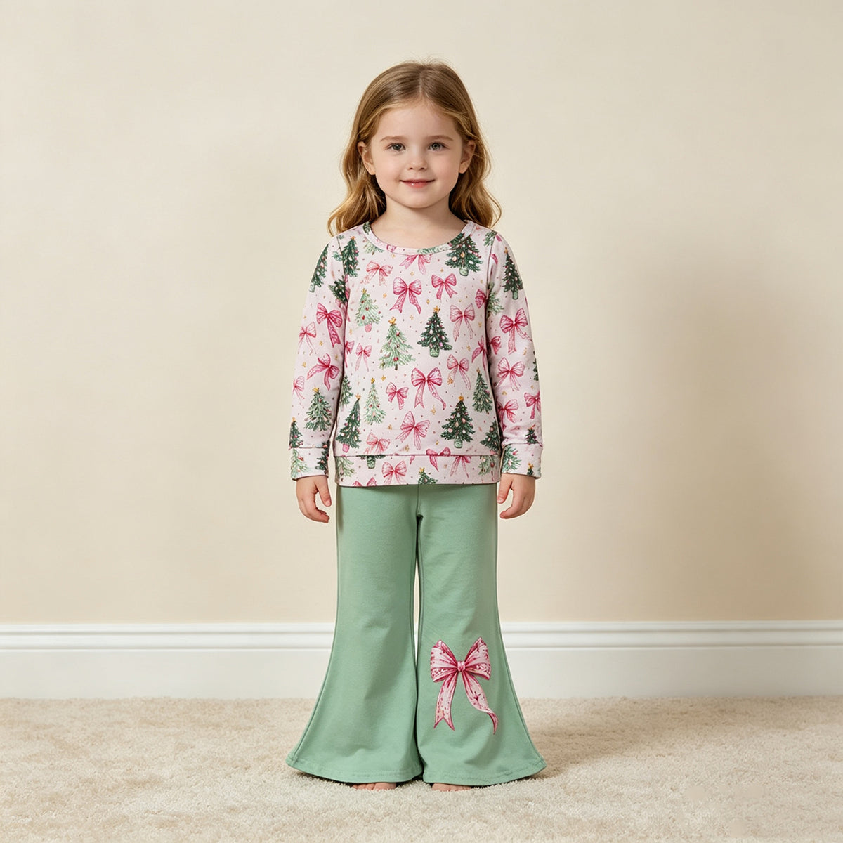 NEW RTS NO MOQ milk silk GLP3539 Baby Girls Christmas Tree Bow Print Long Sleeve Top Flare Pants Christmas Set