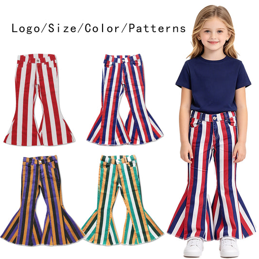 RTS NO MOQ Sibling Denim Baby Girls Stripe Casual Bell Bottom Denim Pants