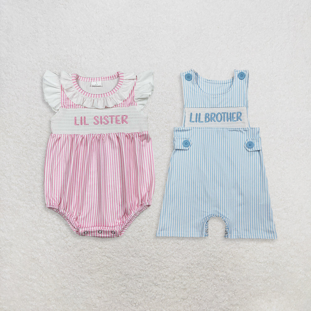 RTS NO MOQ Sibling Baby Boys Girls Embroidered Smocked Stripe Rompers