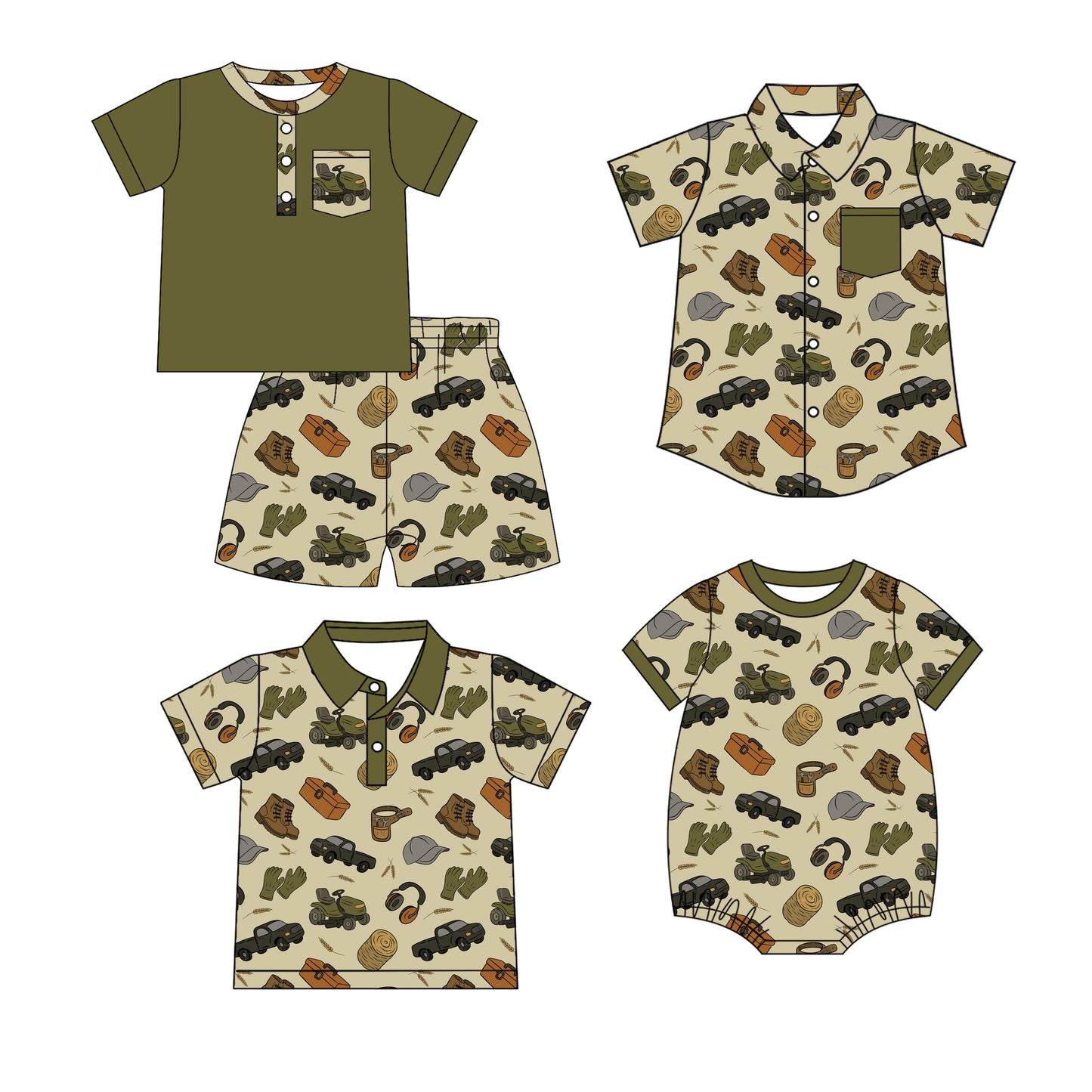 3.23 Custom moq 5 mix size Sibling Baby Boy's Green Short-Sleeved Outfit Set with Matching Polo Shirt And Button-Down Shirt Romper