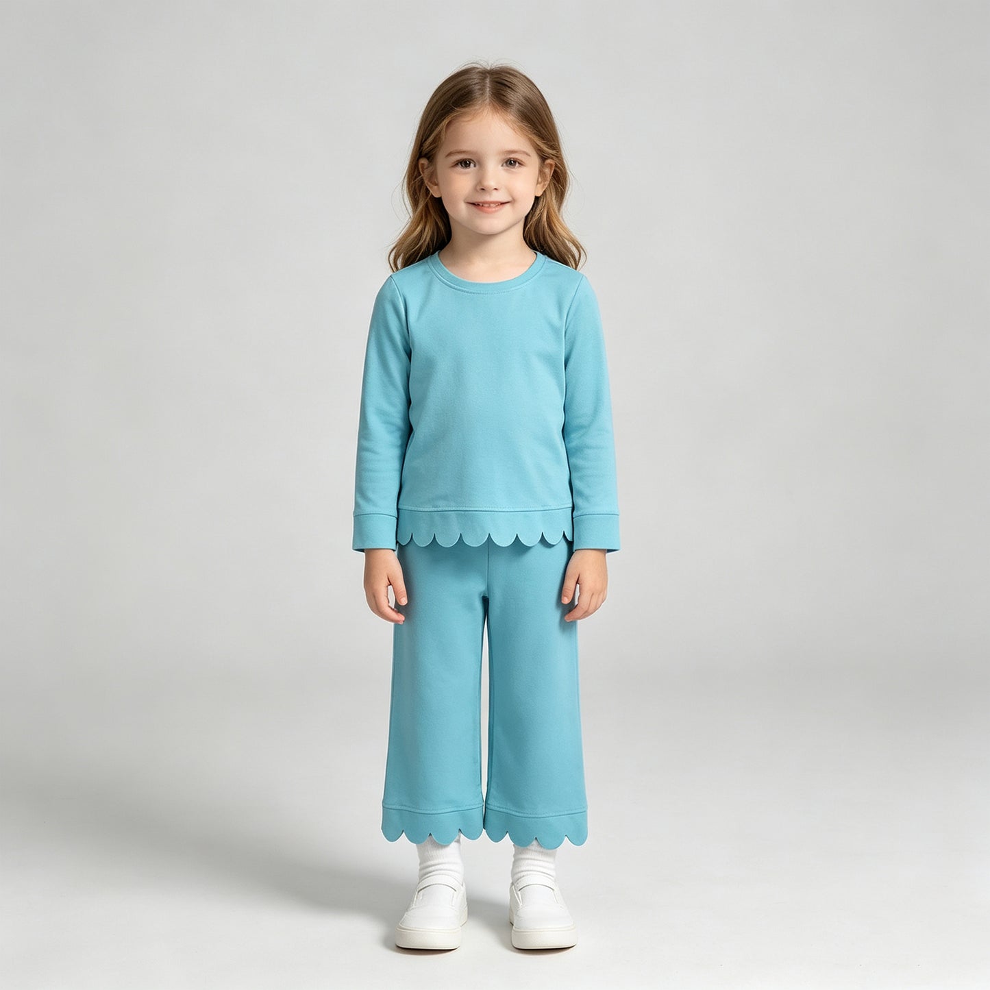 NEW RTS NO MOQ milk silk GLP3297 Baby Girls Blue Long Sleeve Top Pants Scallop Pajamas Clothes Sets