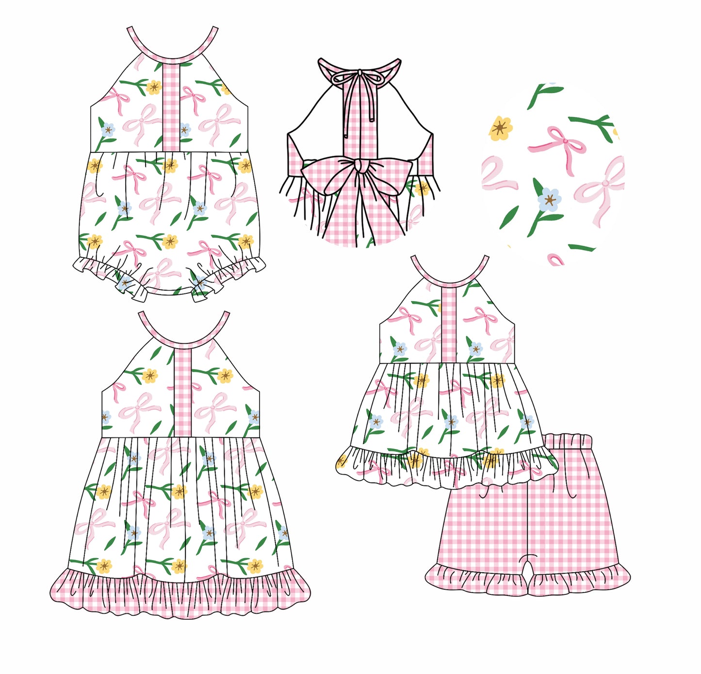 2.20 custom each style moq 5eta 4-6week Sibling Sisters bow floral baby girl short sleeve shorts sets and dress and rompers match family design