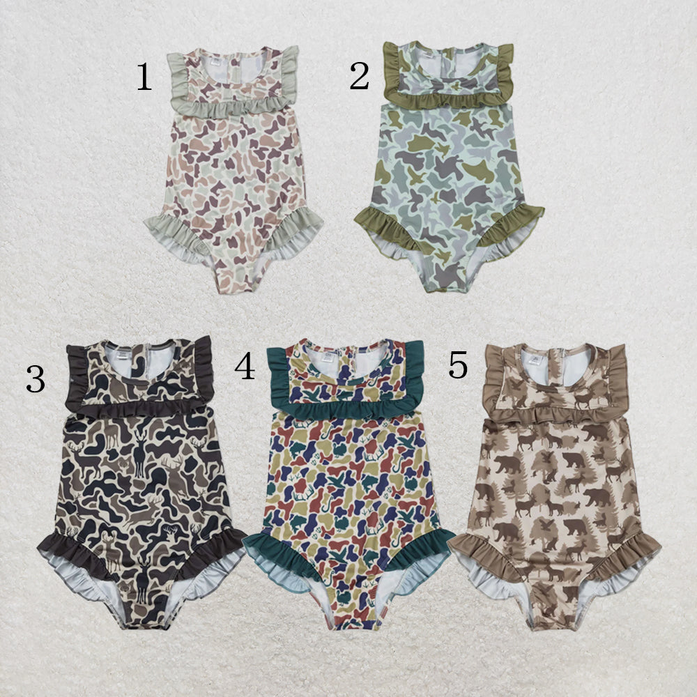 RTS NO MOQ Sibling Baby Girls Southern Hunting Camo Ruffle Swimming Swimsuits