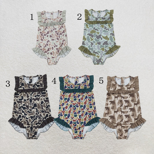 RTS NO MOQ Sibling Baby Girls Southern Hunting Camo Ruffle Swimming Swimsuits