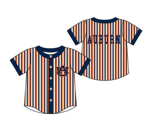 Custom moq 5 mix size milk silk summer teams Striped Navy Blue Short-Sleeved Button-Down Shirt for Baby Boy Outfit
