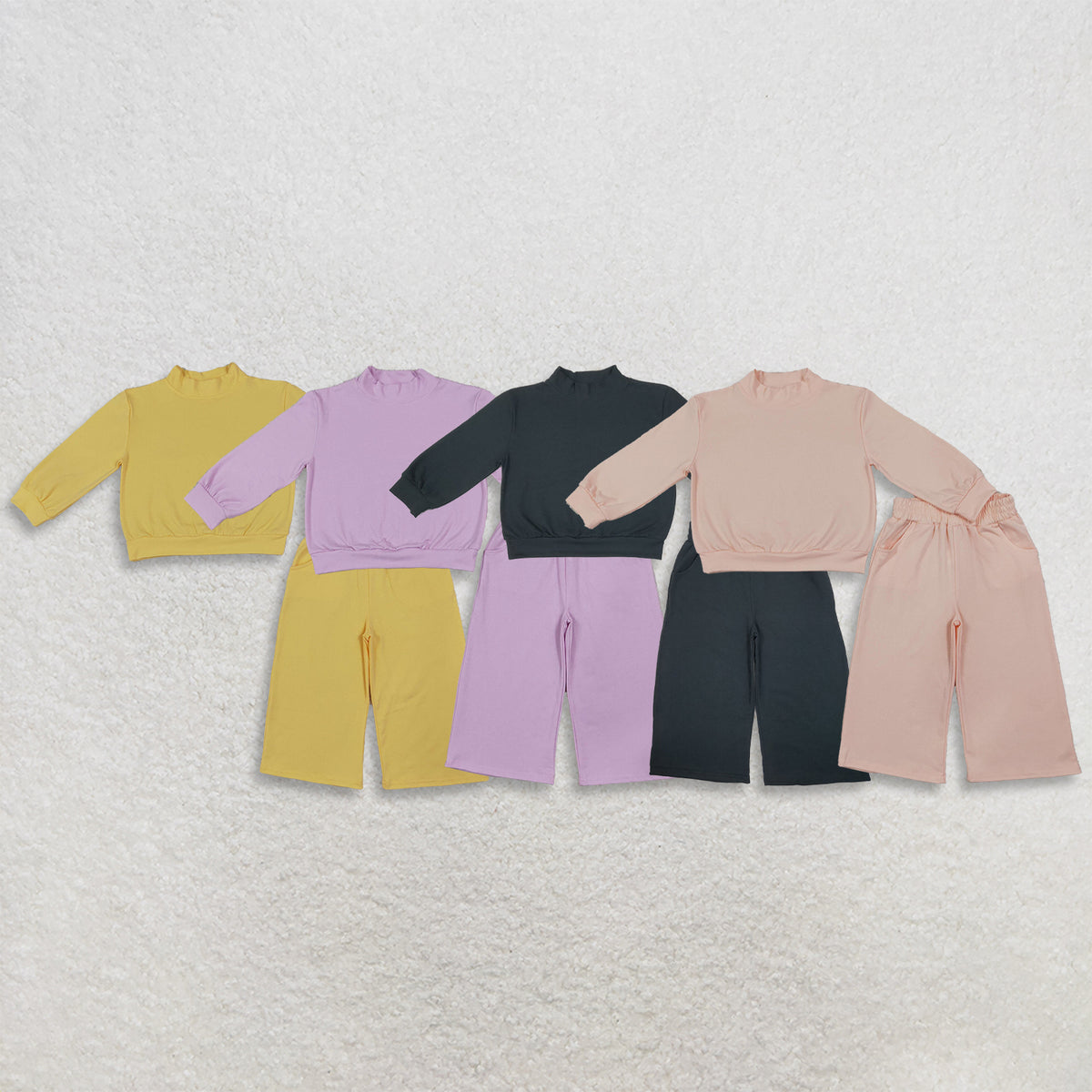 RTS NO MOQ Sibling cotton Baby Girls High Neck Solid Ruffle Mock Neck Long Sleeve Top And Wide Leg Pant Outfit Set