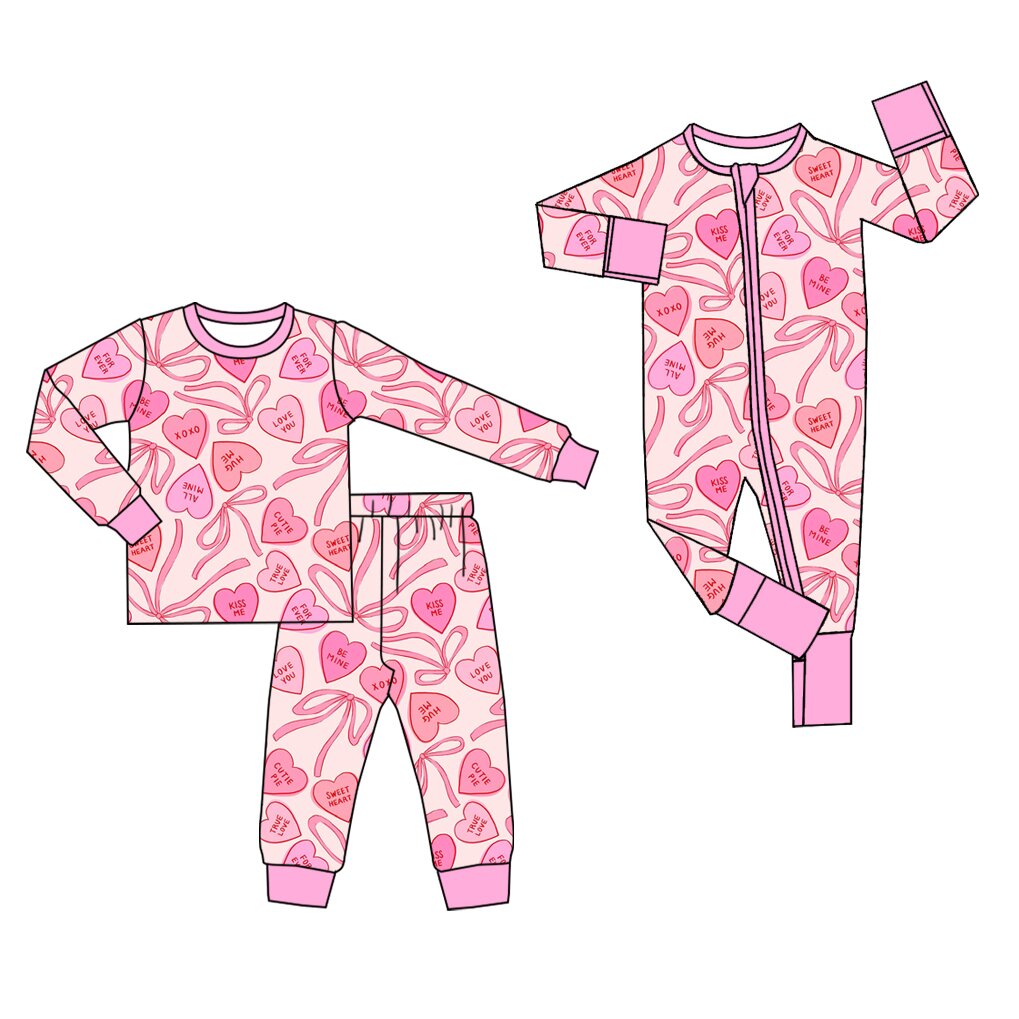 (Preorder new) No moq Baby Girls Pink Heart Bow Print Bamboo Pajama Set And Zipper Romper Valentines Outfit