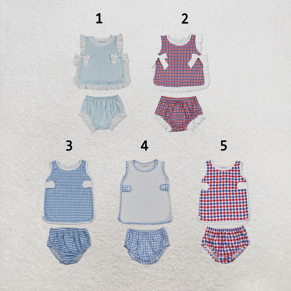 RTS NO MOQ Sibling milk silk Baby Boys Girls Summer Sleeveless Checked Bummies Set
