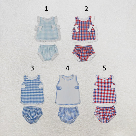 RTS NO MOQ Sibling milk silk Baby Boys Girls Summer Sleeveless Checked Bummies Set