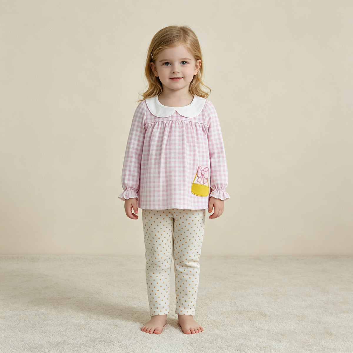 NEW RTS NO MOQ milk silk GLP3320 Embroidery Baby Girls Pink Checked Candy Collar Long Sleeve Tunic Top Leggings Halloween Outfit Set
