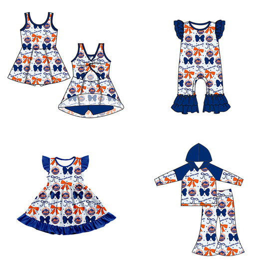 Custom moq 5 mix size milk silk summer teams baby girls clothes team bow blue long sleeve hooded pants sets and dress 1 and dress 2 and romper-25.6.16