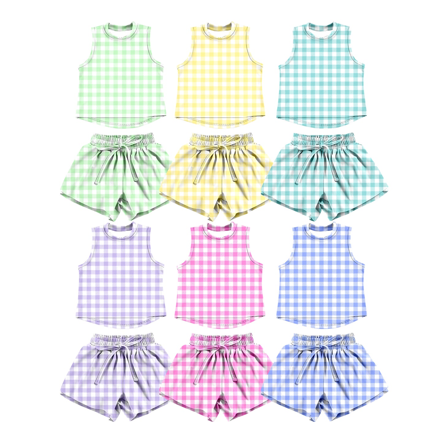 Custom moq 5 mix size Sibling plaid Sleeveless Yoga Outfit for Baby Girls Top And Shorts Set Toddler Girls' Active Wear