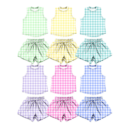 Custom moq 5 mix size Sibling plaid Sleeveless Yoga Outfit for Baby Girls Top And Shorts Set Toddler Girls' Active Wear