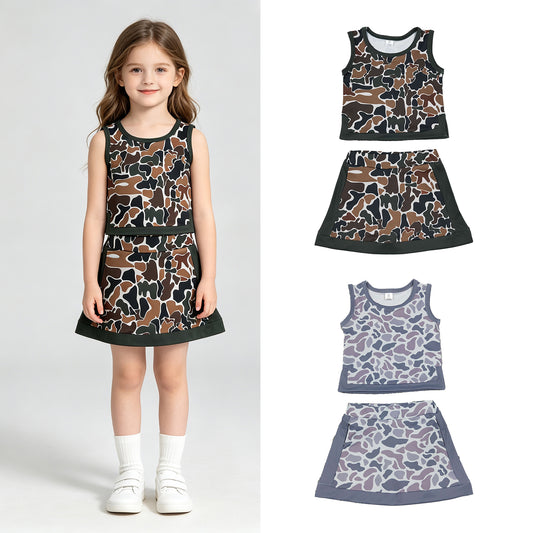 RTS NO MOQ Sibling yoga fabric Baby Girls Camo Print Sleeveless Vest Top Skort Two Piece Yoga Active Summer Outfit Set