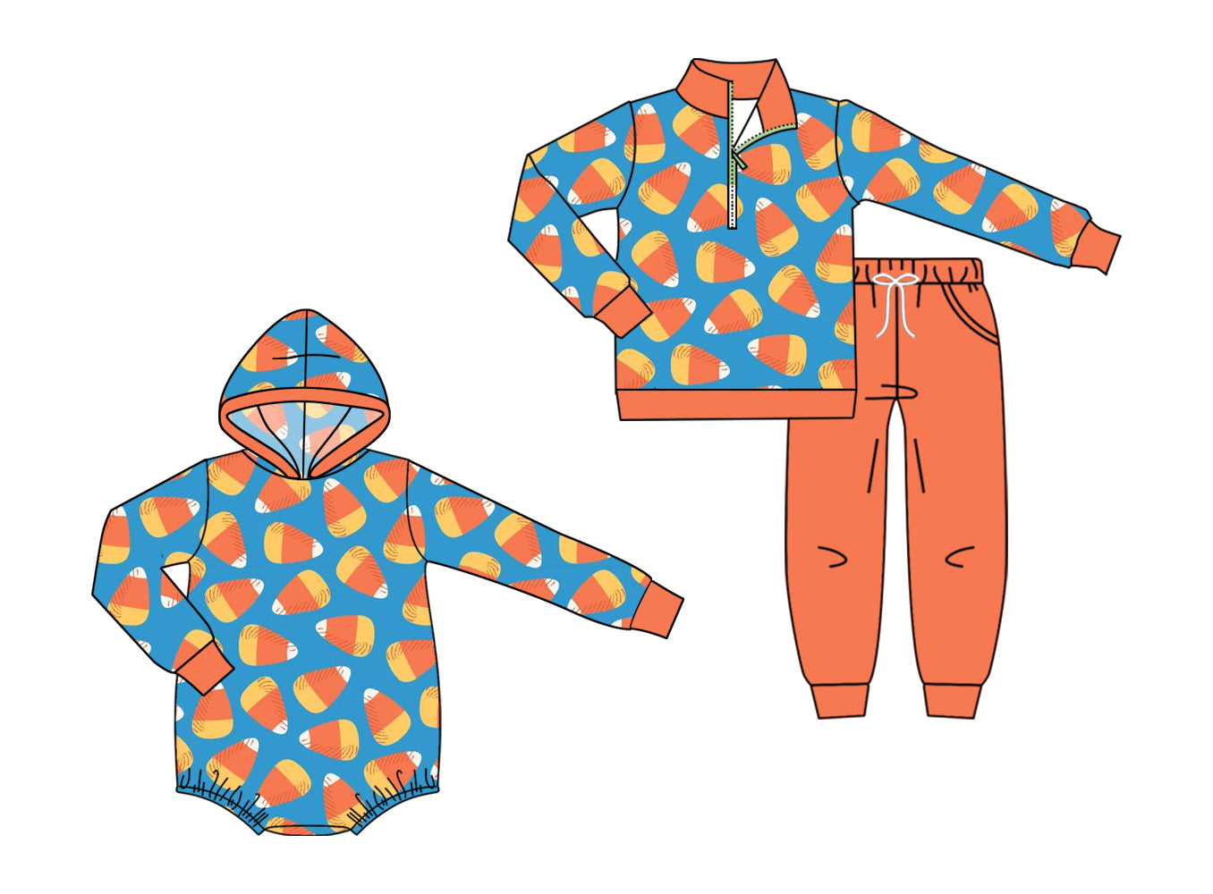 (Preorder new) No moq Baby Boys Halloween Candy Print Zip Pullover Pocket Top Matching Jogger Set Rompers