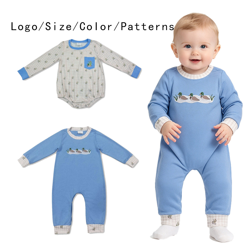 RTS NO MOQ Sibling milk silk Embroidery Duck Pocket Baby Boys Long Sleeve Checked Rompers