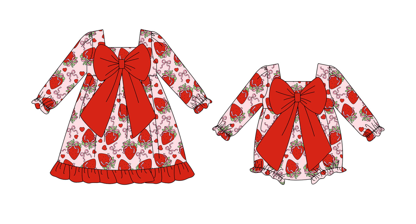 25.10.31 custom each style moq 5 eta 6-8week Sibling Sisters strawberry bow love baby girl long sleeve dress and rompers match family design