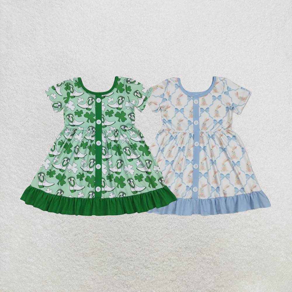 RTS NO MOQ Sibling Baby Girls Short sleeves clover boots western girls St Patrick's dress