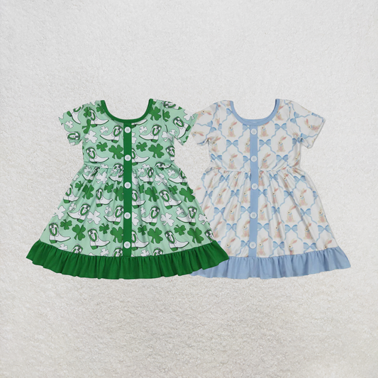 RTS NO MOQ Sibling Baby Girls Short sleeves clover boots western girls St Patrick's dress