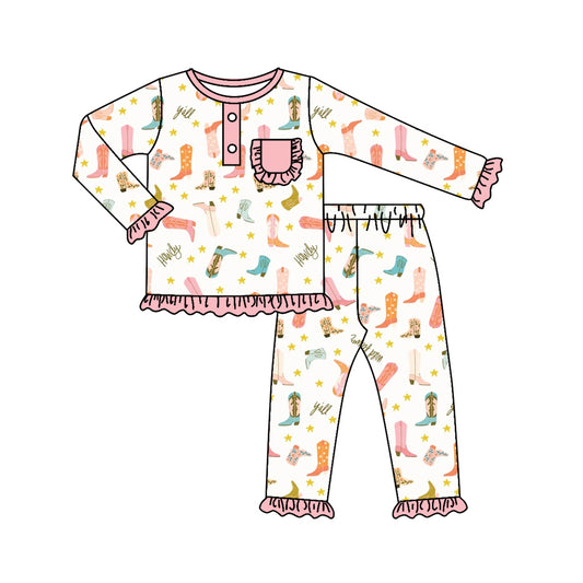 5.21custom each style moq 5eta 4-5week Sibling Sister Western boots printed with white and pink lace blue girls and boys outfits and baby romper match family design