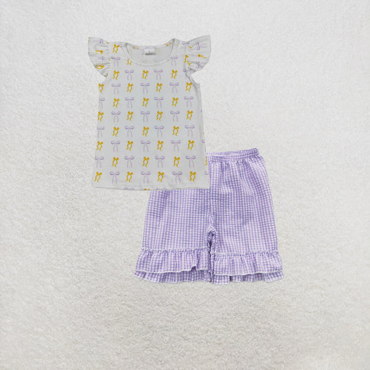 RTS NO MOQ milk silk GT1147+SS0067 Baby Girls Yellow Lavender Bows Plaid Tee Shirts Top Set