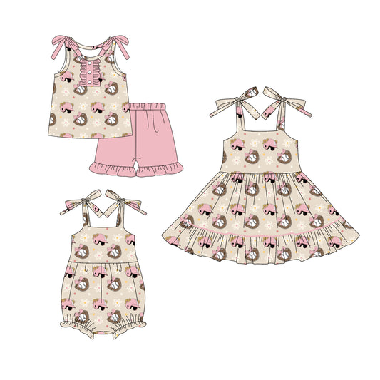 4.18 custom each style moq 5eta 4-6week Sibling Sisters baseball bow baby girl short sleeve shorts sets and dress and rompers match family design