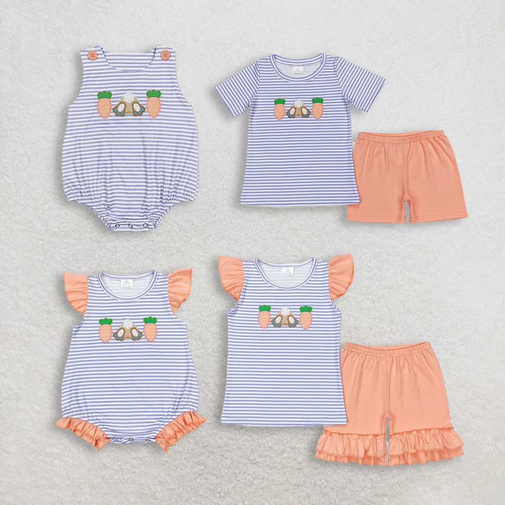 RTS NO MOQ Sibling Baby Boys Girls Easter Embroidery Rabbit Stripe Top And Shorts Set Rompers