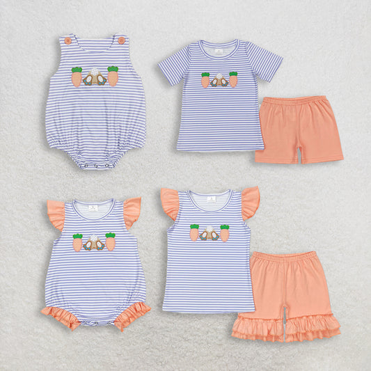 RTS NO MOQ Sibling Baby Boys Girls Easter Embroidery Rabbit Stripe Top And Shorts Set Rompers
