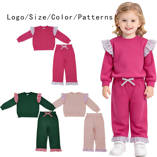 RTS NO MOQ Sibling cotton Baby Girls Solid Long Sleeve Striped Ruffle Top Matching Elastic Waist Jogger Pants Outfit