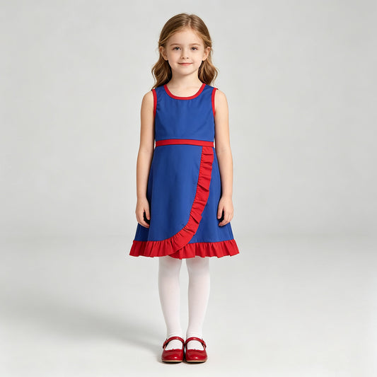 NEW RTS NO MOQ yoga fabric cotton GSD4133 Yoga Baby Girls Navy Printed Sleeveless Scallop Knee Length Yoga Dress