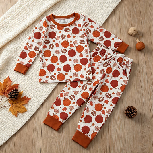 NEW RTS NO MOQ milk silk BLP1539（BT1928+P1197）Baby Boys Football Pumpkins Top Pockets Pant Autumn Set