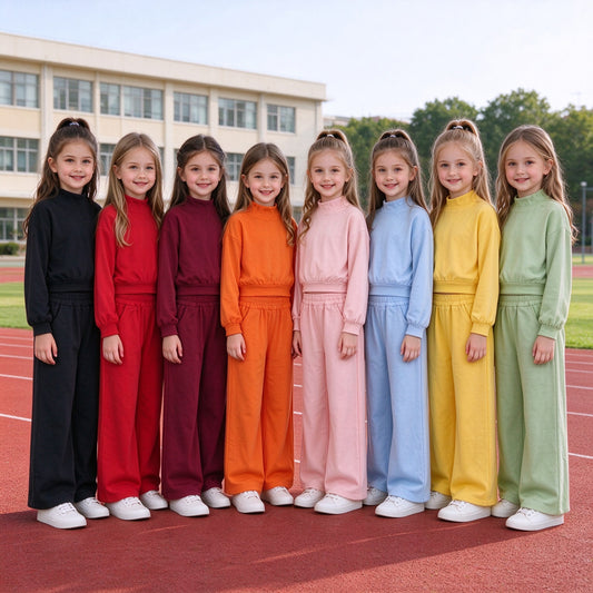 RTS NO MOQ Sibling cotton High Neck Baby Girls Casual Solid Mock Neck Top With Pocket Wide Leg Pants Set