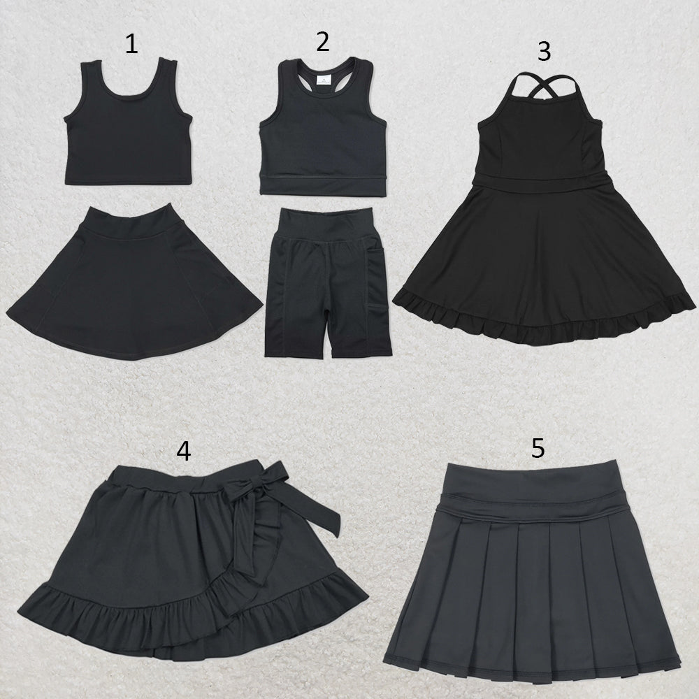 RTS NO MOQ Sibling yoga fabric cotton Baby Girls Top Shorts Clothes Set Dresses Skirts Black Athletic Active Wear