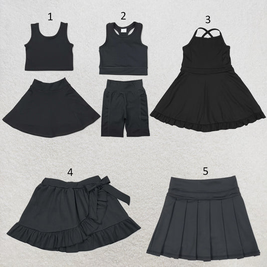 RTS NO MOQ Sibling yoga fabric cotton Baby Girls Top Shorts Clothes Set Dresses Skirts Black Athletic Active Wear