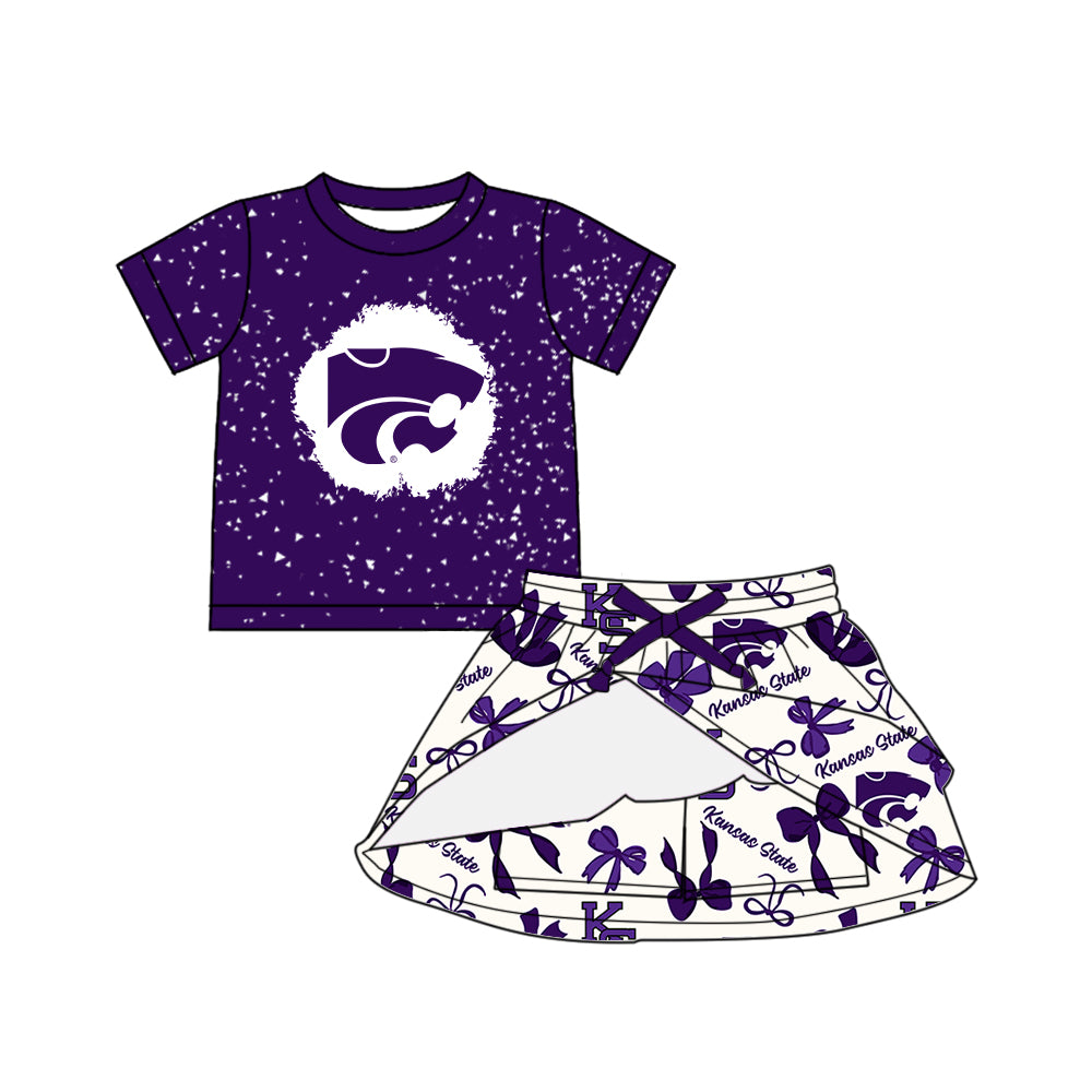Custom moq 5 mix sizes summer teams baby girls clothes team purple short sleeve skirts shorts sets dress 1 and dress 2 and dress 3 and dress 4-25.5.23