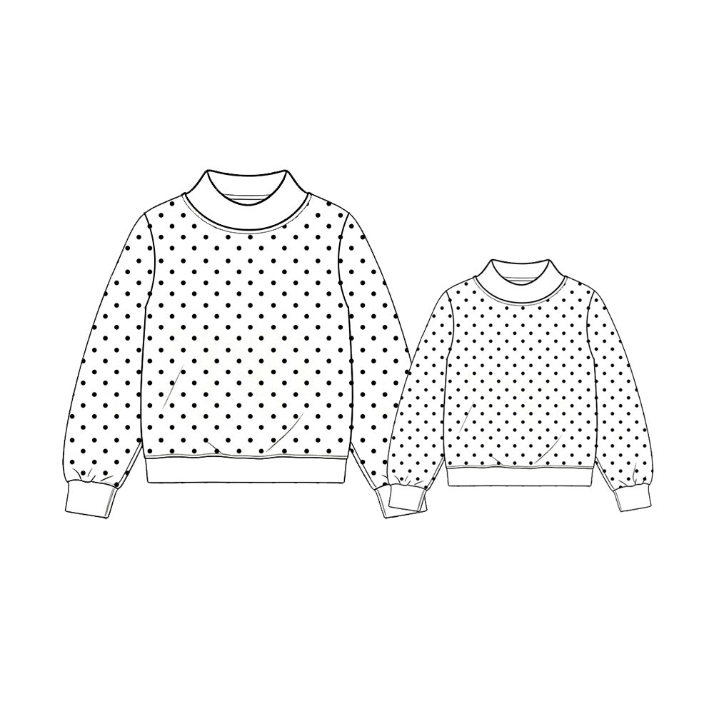 (Preorder new) No moq Adult To Match Kids High Neck White Black Polka Dot Mock Neck Long Sleeve Pullover Tops