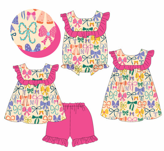 3.19 custom each style moq 5eta 4-6week Sibling Sisters bow baby girl short sleeve shorts sets and dress and rompers match family design