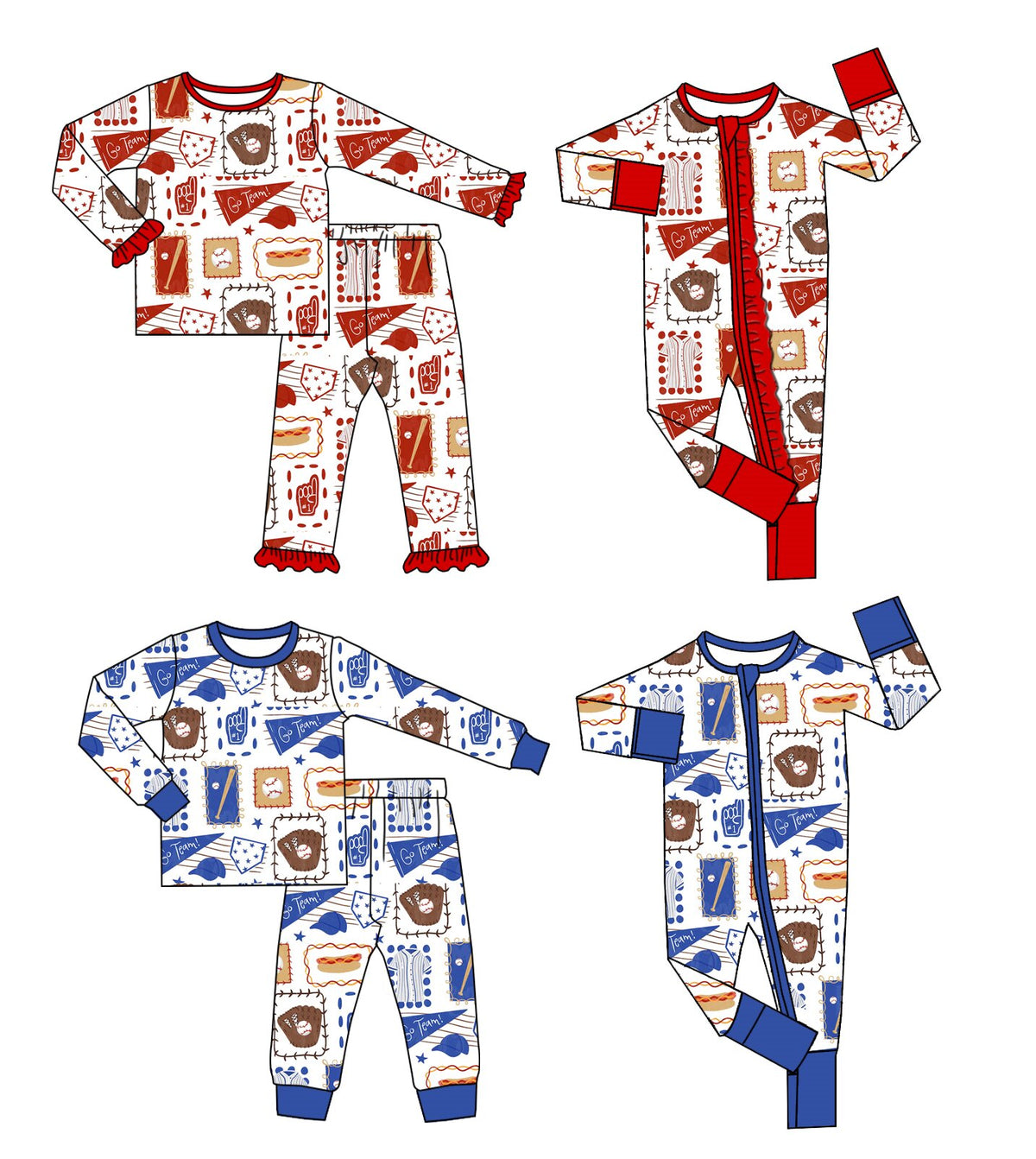 (Preorder new) No moq Baby Boys And Girls Baseball Print Long Sleeve Pajama Set And Zipper Romper