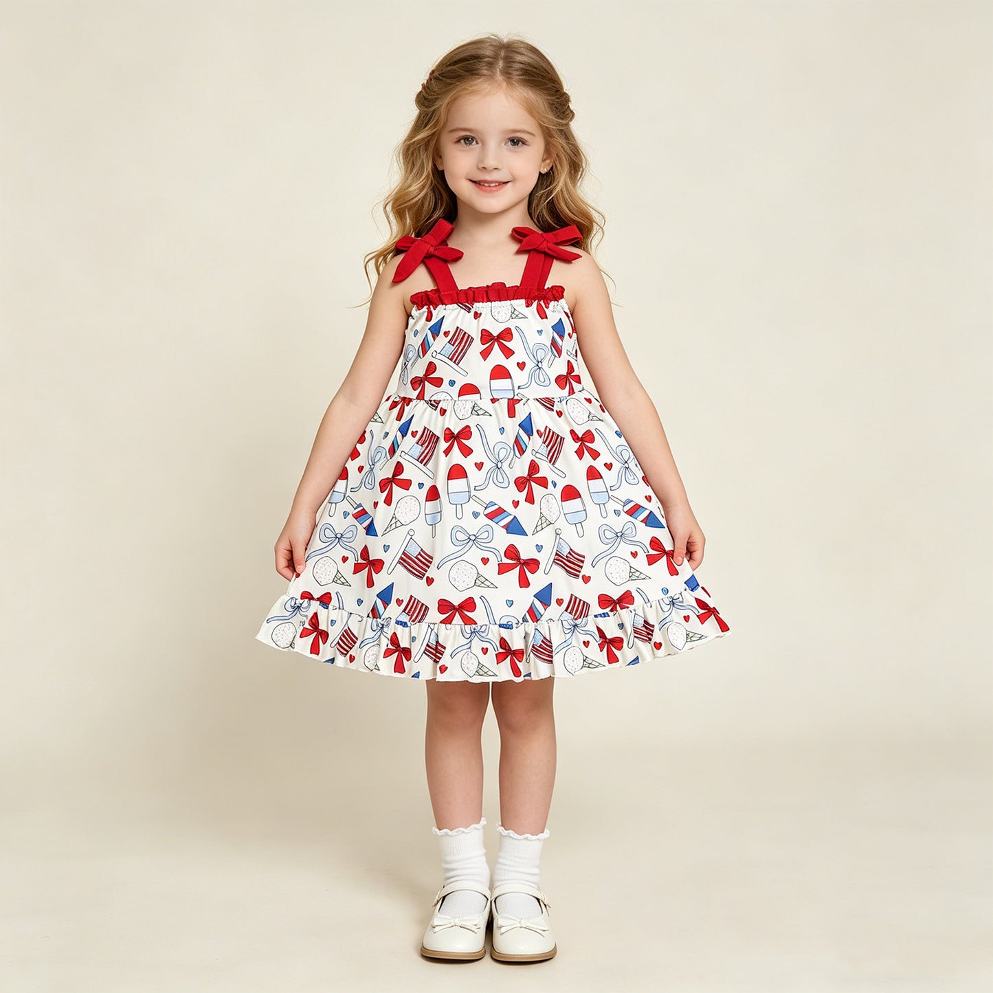 RTS NO MOQ GSD3723 Baby Girls Summer 4th of July Ruffle Popsicle Printed Strap Dress