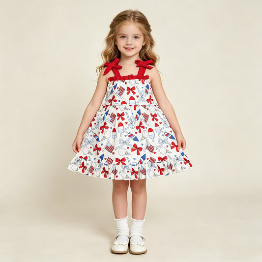 RTS NO MOQ GSD3723 Baby Girls Summer 4th of July Ruffle Popsicle Printed Strap Dress