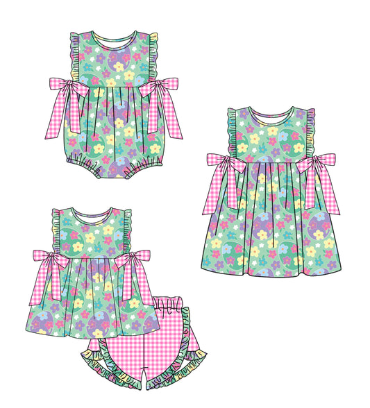 26.1.21 custom each style moq 5 eta 6-8week Sibling Sister egg floral baby short sleeve shorts sets and romper and dress match design